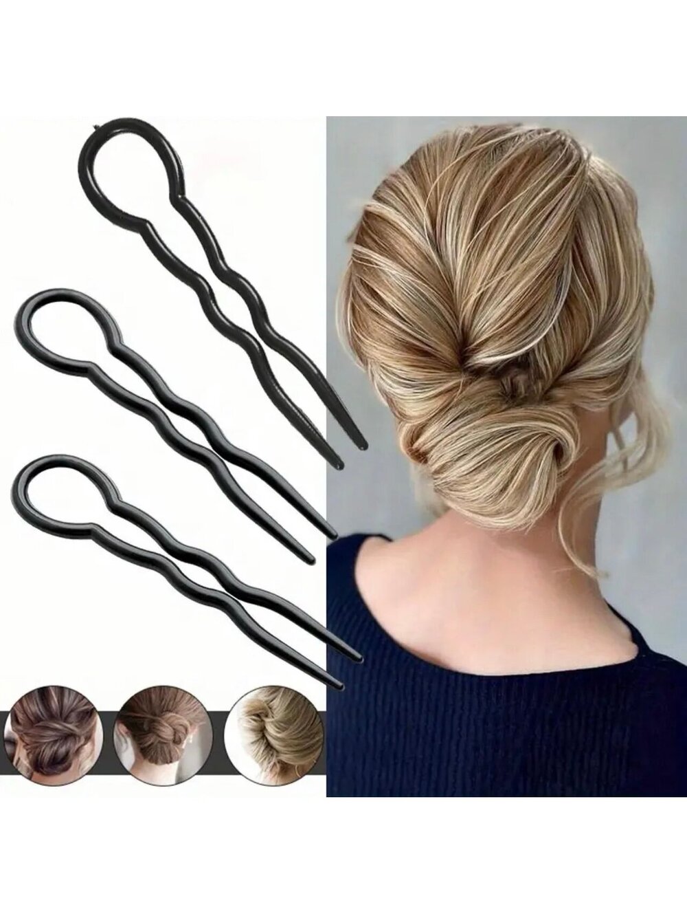 New - 3pcs/set U Shaped Twist Hair Pins - Gorgeous Bun at Home